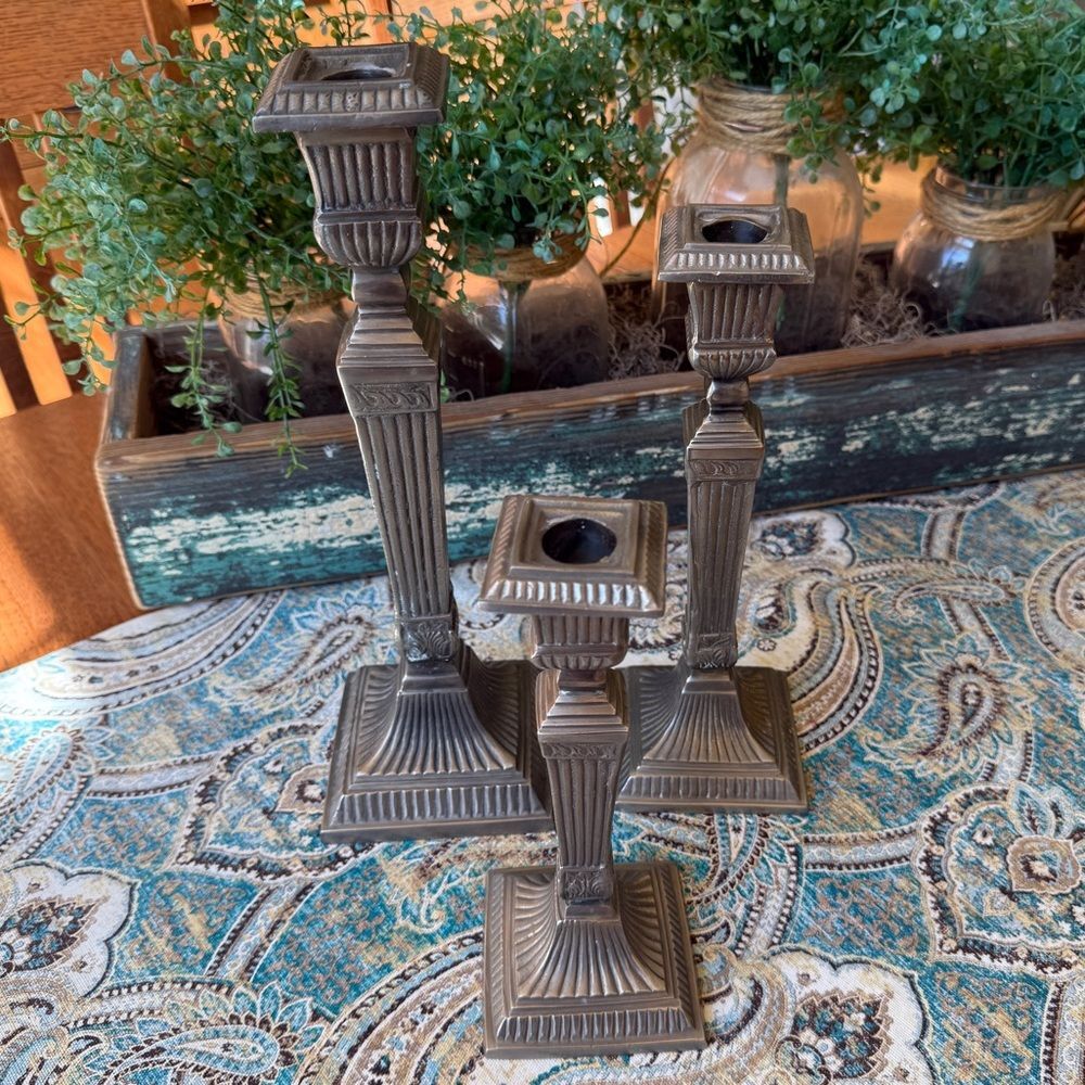 Cast Zinc Pewter Candlestick Set Of 3 Graduated Fluted Column Neoclassical